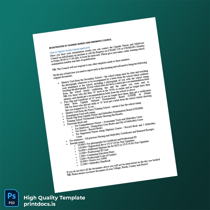 Printable Uganda Nurses and Midwives Council Registration Certificate Template (Word & PDF) Image Preview - PrintDocs