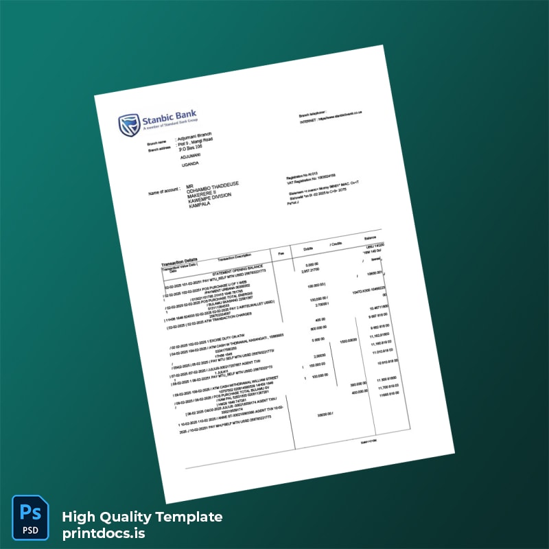 Uganda Stanbic Bank Statement Template in Word and PDF formats
