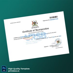 Printable Uganda Uganda Registration Services Bureau Certificate of Incorporation Template (Word & PDF) Image Preview - PrintDocs