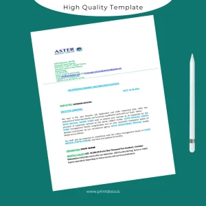 Printable United Arab Emirates Aster Medical Centre Employment Verification Letter Template (Word & PDF) Image Preview - PrintDocs