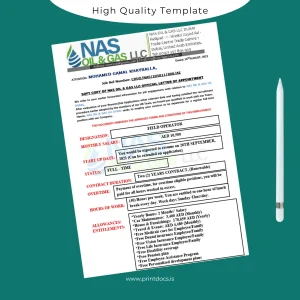 Printable United Arab Emirates Nas Oil Gas LLC Employment Verification Letter Template (Word & PDF) Image Preview - PrintDocs