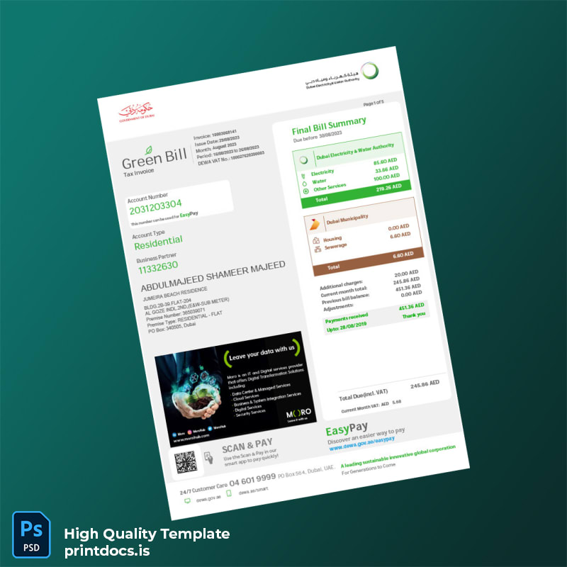 United Arab Emirates Dubai Electricity Water Authority Editable Utility Bill Template in Word and PDF formats
