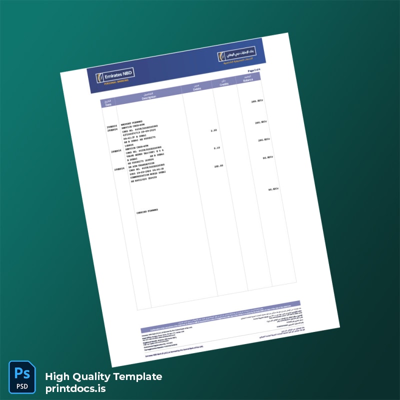 United Arab Emirates Emirates NBD Account Statement Template in Word and PDF formats page 2
