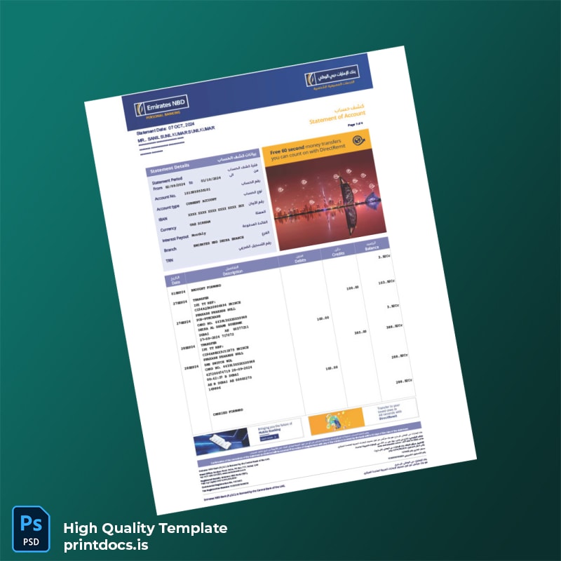 United Arab Emirates Emirates NBD Account Statement Template in Word and PDF formats
