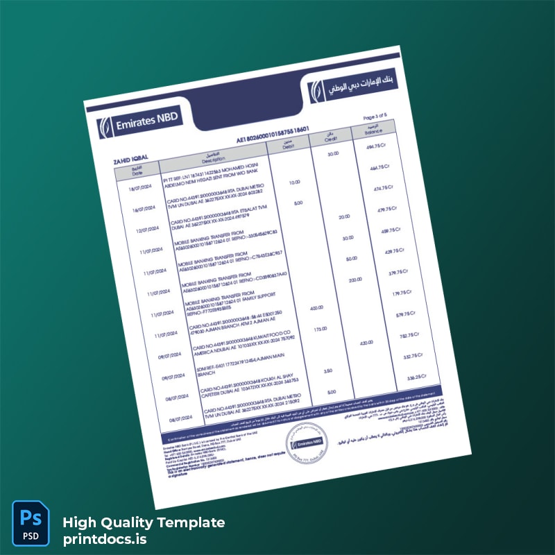 United Arab Emirates Emirates NBD Bank Statement Template in Word and PDF formats page 3