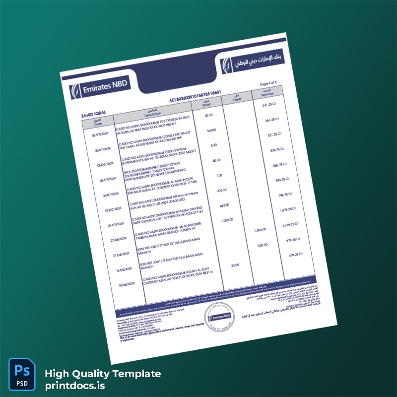 United Arab Emirates Emirates NBD Bank Statement Template in Word and PDF formats page 4