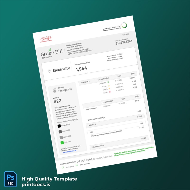United Arab Emirates Government Of Dubai Editable Utility Bill Template in Word and PDF formats page 2