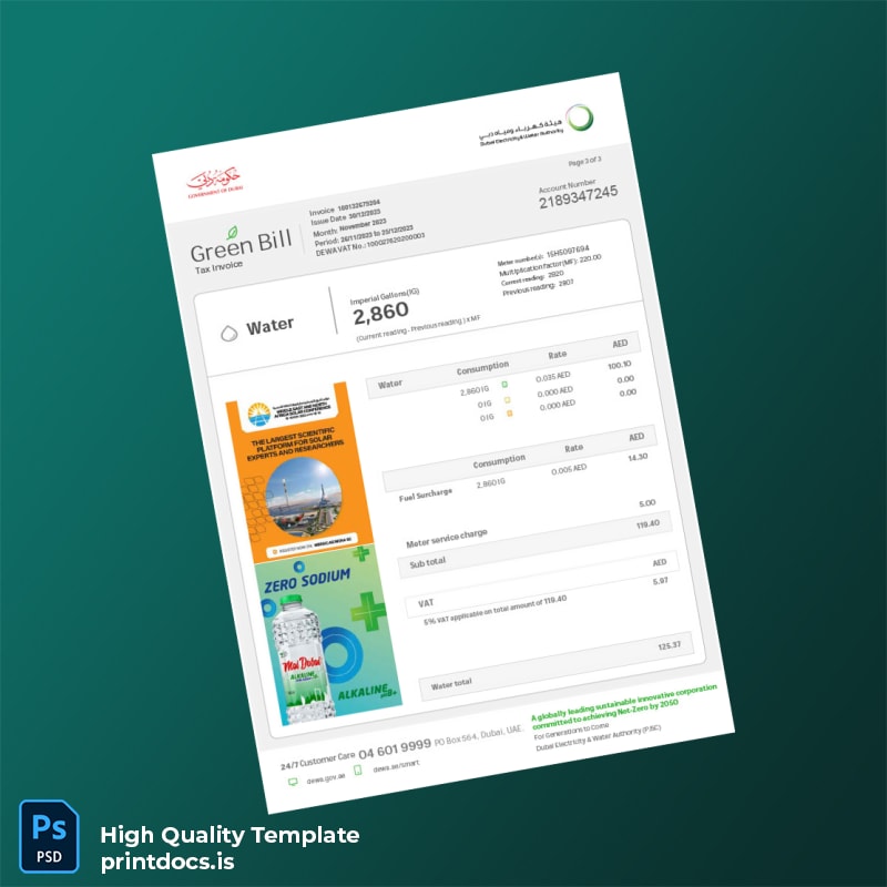 United Arab Emirates Government Of Dubai Editable Utility Bill Template in Word and PDF formats page 3