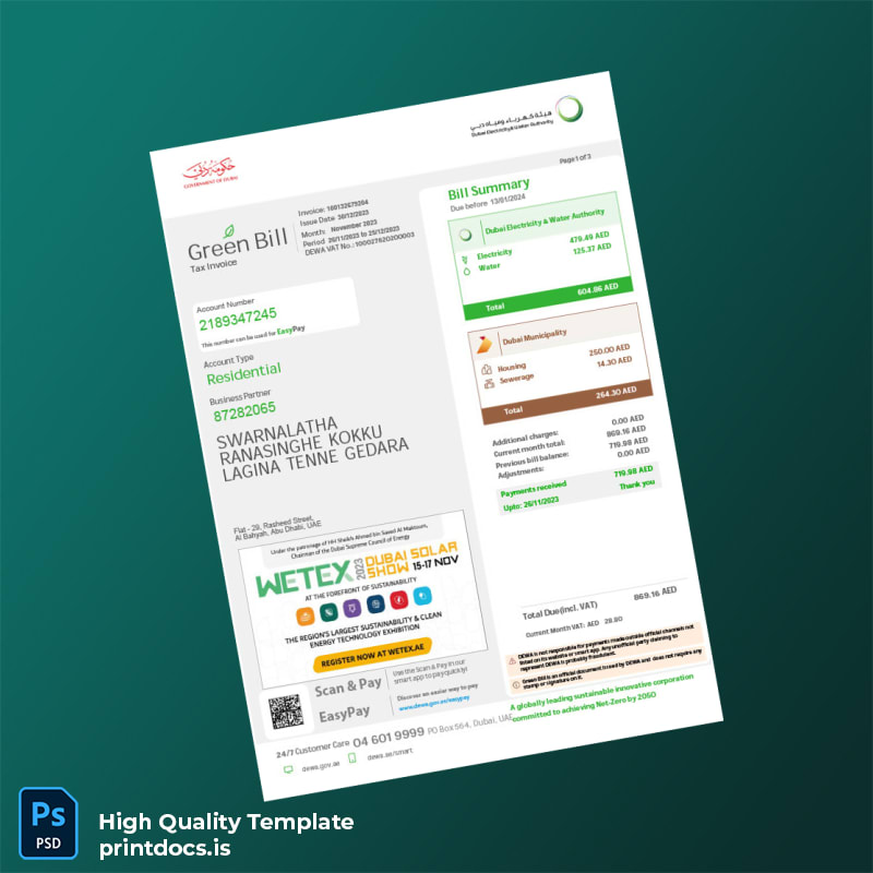 United Arab Emirates Government Of Dubai Editable Utility Bill Template in Word and PDF formats