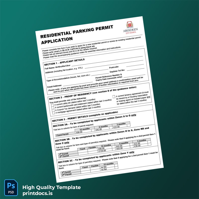 Printable United Kingdom Aberdeen City Council Residential Parking Permit Application Template (Word & PDF) Image Preview - PrintDocs