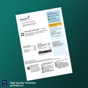 United Kingdom British Gas Editable Electricity Bill Template in Word and PDF formats