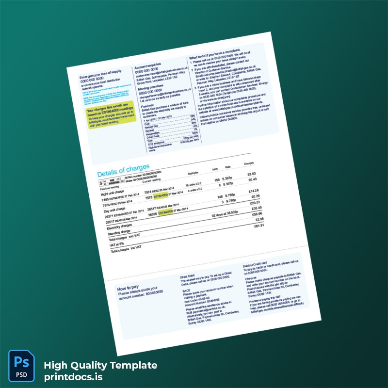 United Kingdom British Gas Editable Gas Bill Template in Word and PDF formats page 2