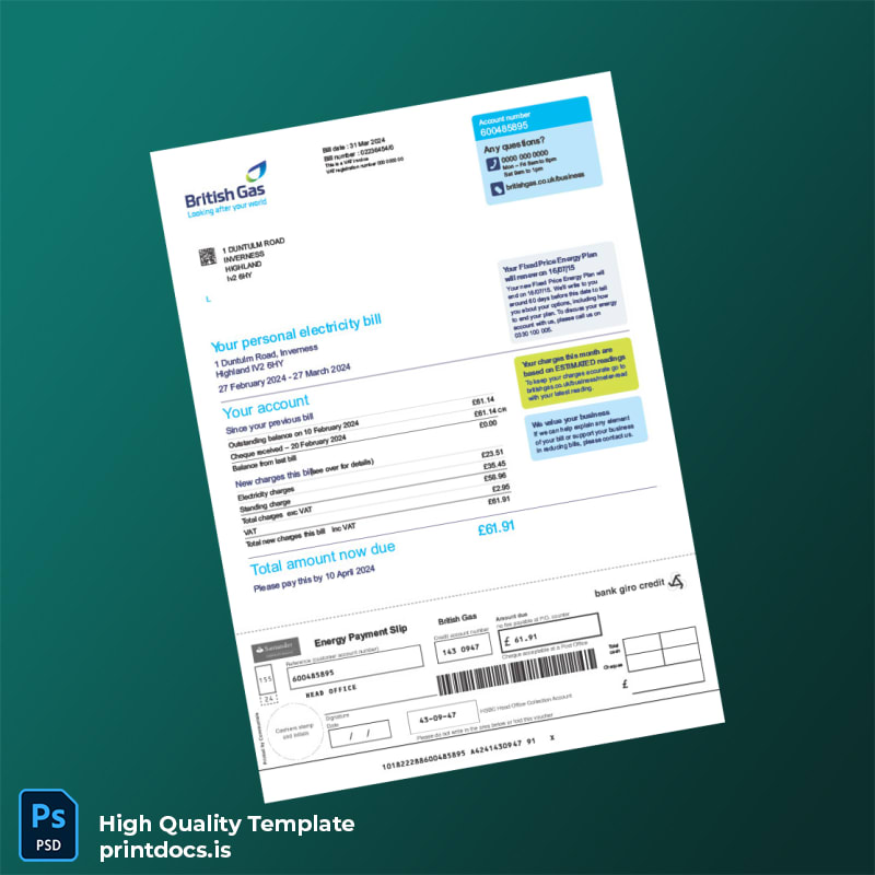 United Kingdom British Gas Editable Gas Bill Template in Word and PDF formats
