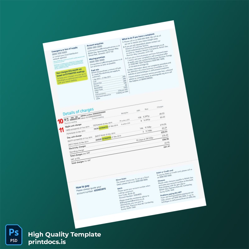 United Kingdom British Gas Editable Utility Bill Template in Word and PDF formats