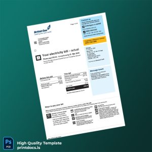 United Kingdom British Gas Trading Ltd Editable Electricity Bill Template in Word and PDF formats