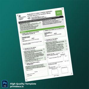 Printable United Kingdom DVLA Vehicle Registration Number Transfer Application Form Template (Word & PDF) Image Preview - PrintDocs