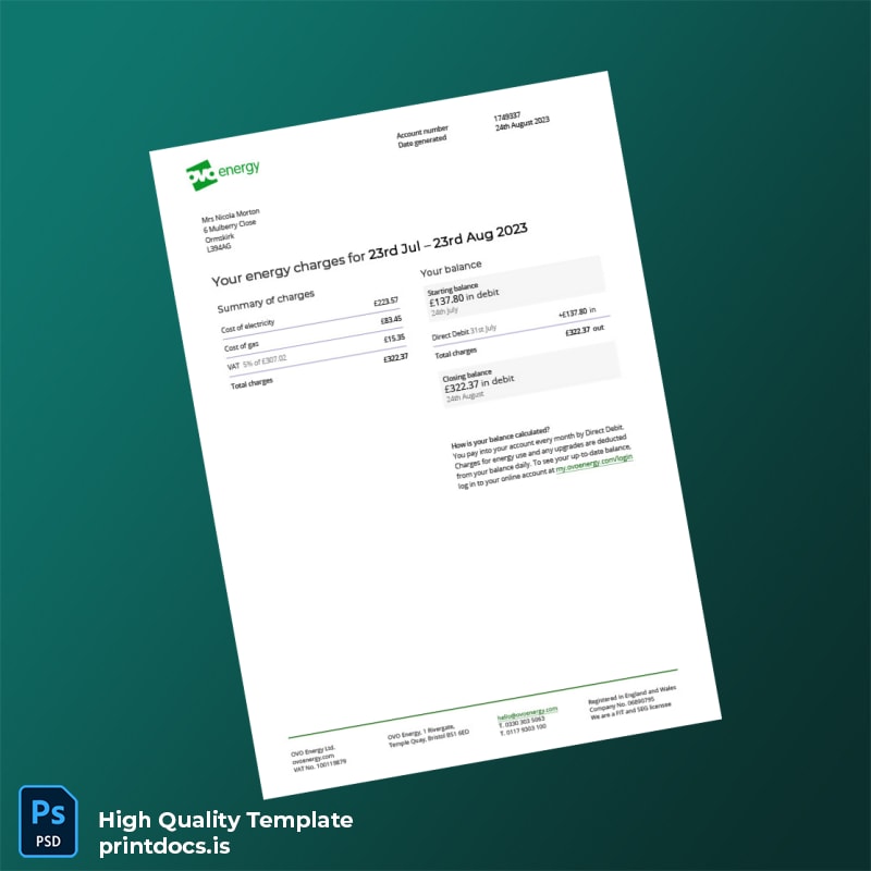 United Kingdom E ON Energy Editable Utility Bill Template in Word and PDF formats
