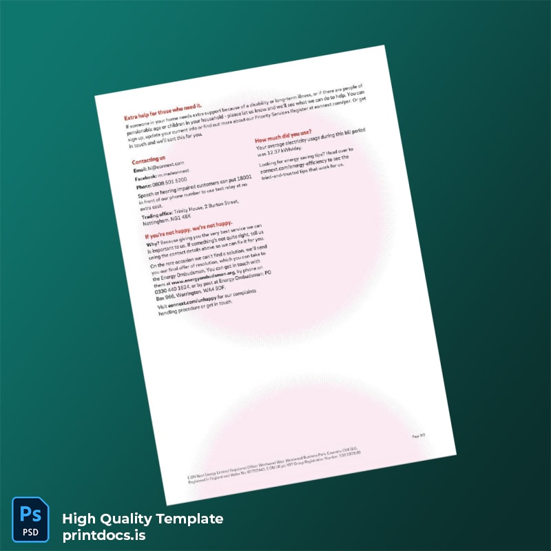 United Kingdom E ON Next Energy Limited Editable Utility Bill Template in Word and PDF formats page 3