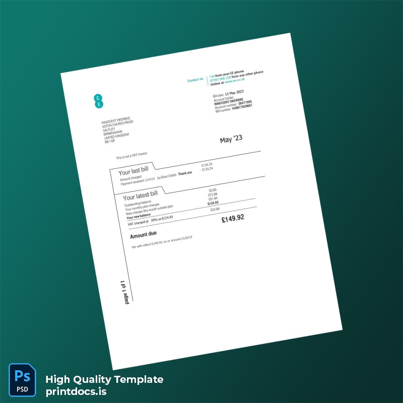 United Kingdom EE Editable Utility Bill Template in Word and PDF formats
