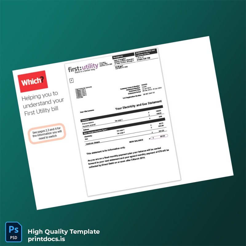 United Kingdom First Utility Editable Utility Bill Template in Word and PDF formats