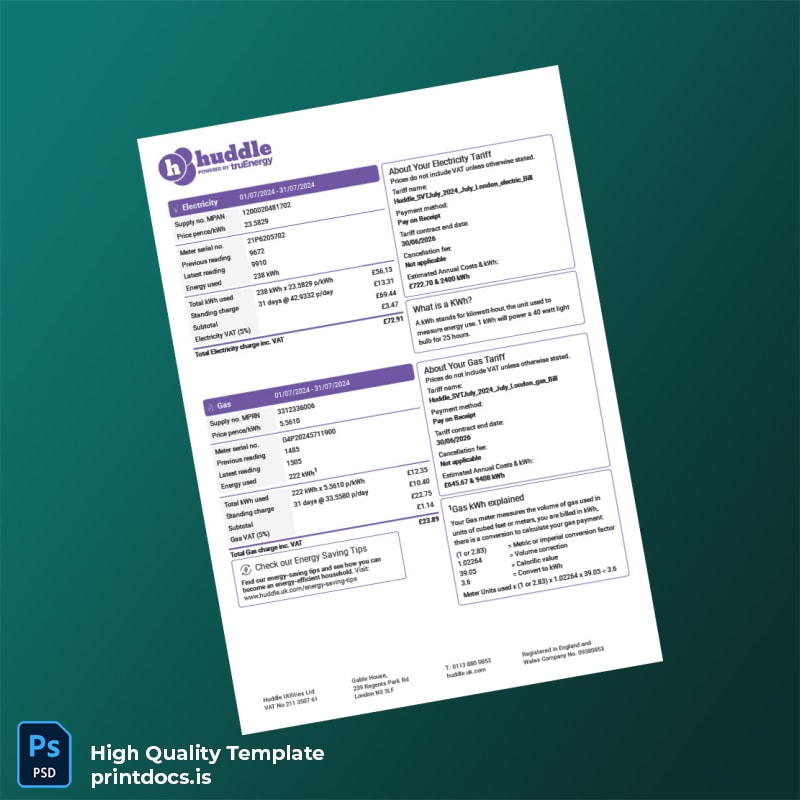 United Kingdom Huddle Energy Editable Utility Bill Template in Word and PDF formats page 2