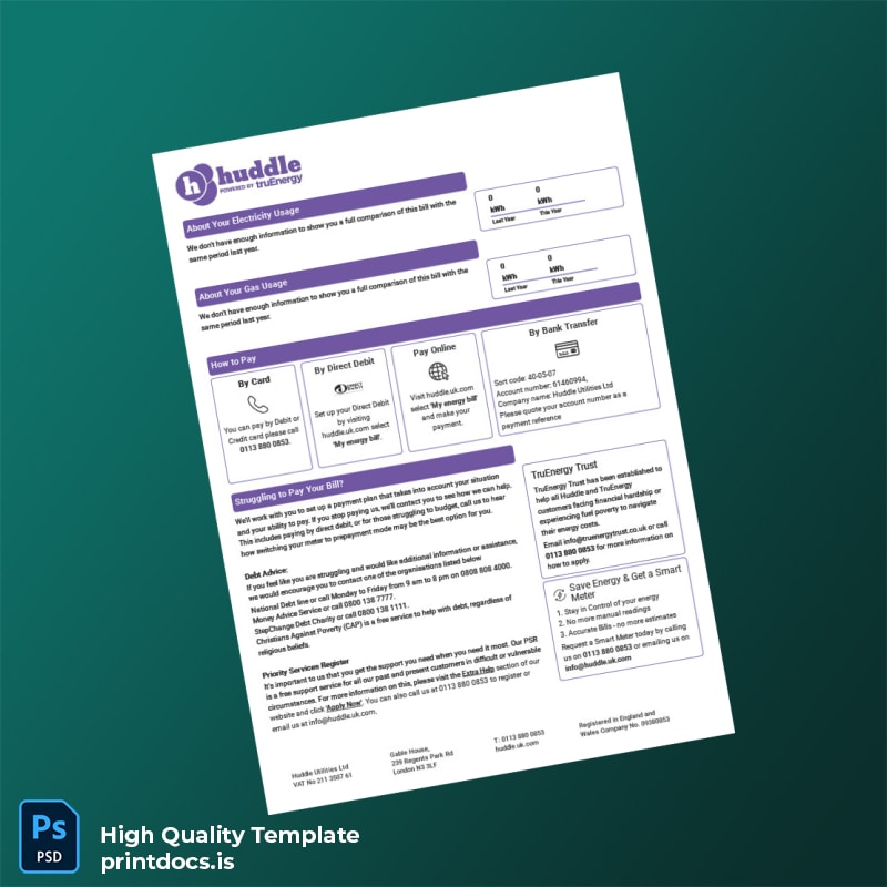 United Kingdom Huddle Energy Editable Utility Bill Template in Word and PDF formats page 3