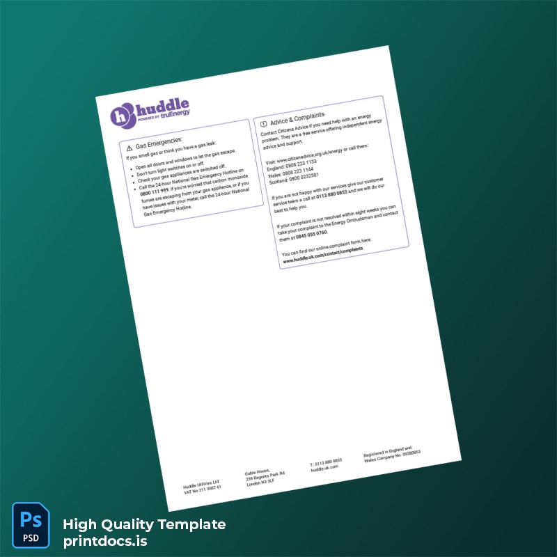 United Kingdom Huddle Energy Editable Utility Bill Template in Word and PDF formats page 4