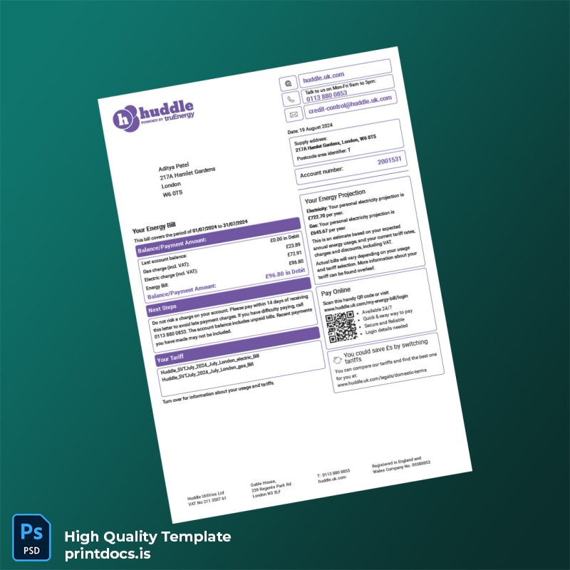 United Kingdom Huddle Energy Editable Utility Bill Template in Word and PDF formats