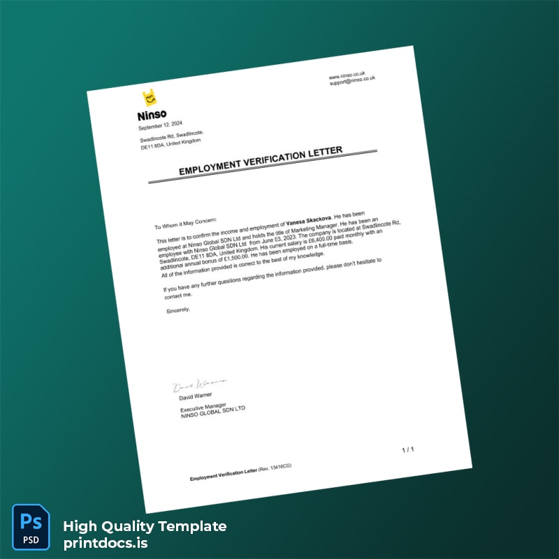 Printable United Kingdom NINSO GLOBAL SDN LTD Employment Verification Letter Template (Word & PDF) Image Preview - PrintDocs