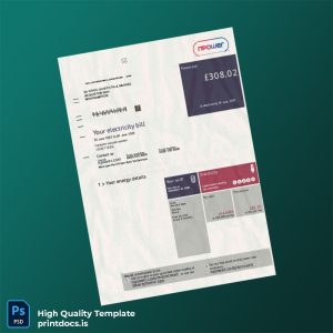 United Kingdom Npower Editable Electricity Bill Template in Word and PDF formats