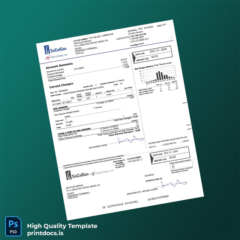 United Kingdom SoCalGas Editable Utility Bill Template in Word and PDF formats