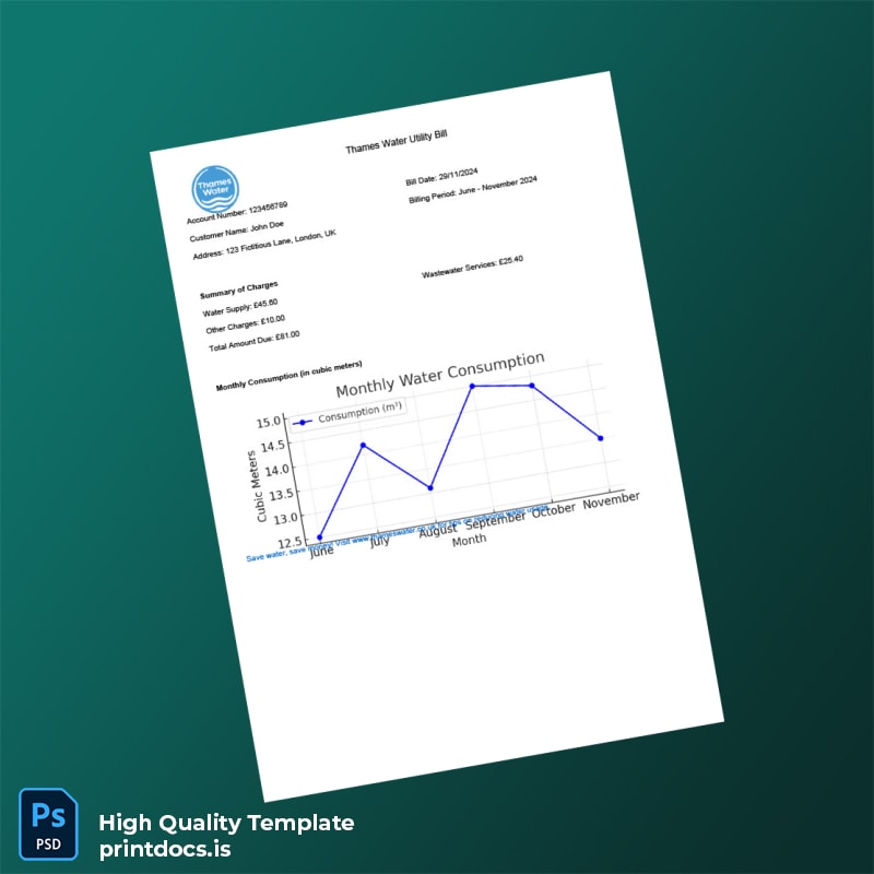 United Kingdom Thames Water Editable Water Bill Template in Word and PDF formats
