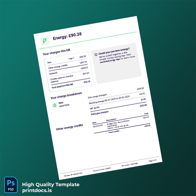 United Kingdom UW Editable Utility Bill Template in Word and PDF formats page 2