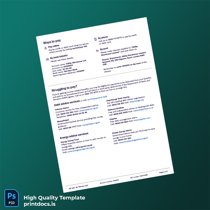 United Kingdom UW Editable Utility Bill Template in Word and PDF formats page 5