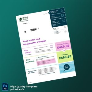 United Kingdom United Utilities Editable Water Bill Template in Word and PDF formats