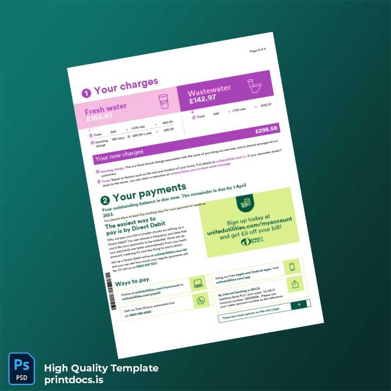 United Kingdom United Utilities Editable Water Bill Template in Word and PDF formats page 2