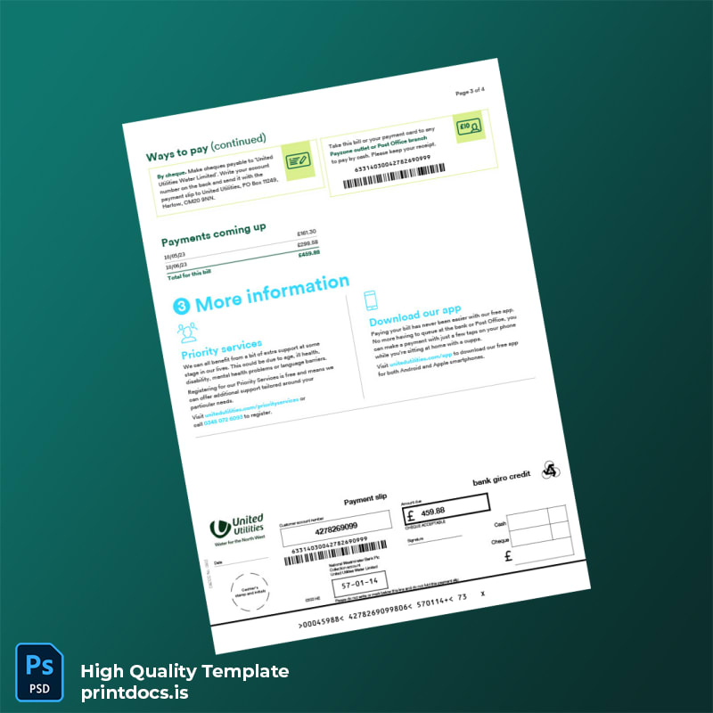 United Kingdom United Utilities Editable Water Bill Template in Word and PDF formats page 3