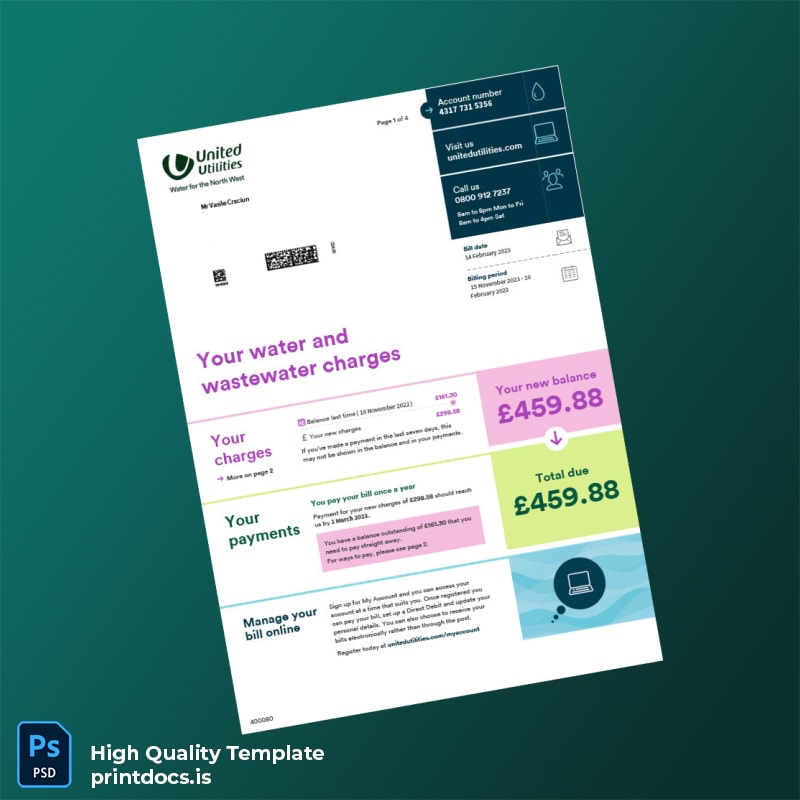 United Kingdom United Utilities Editable Water Bill Template in Word and PDF formats