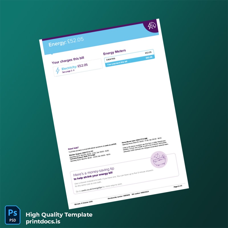 United Kingdom Utility Warehouse Editable Utility Bill Template in Word and PDF formats page 2