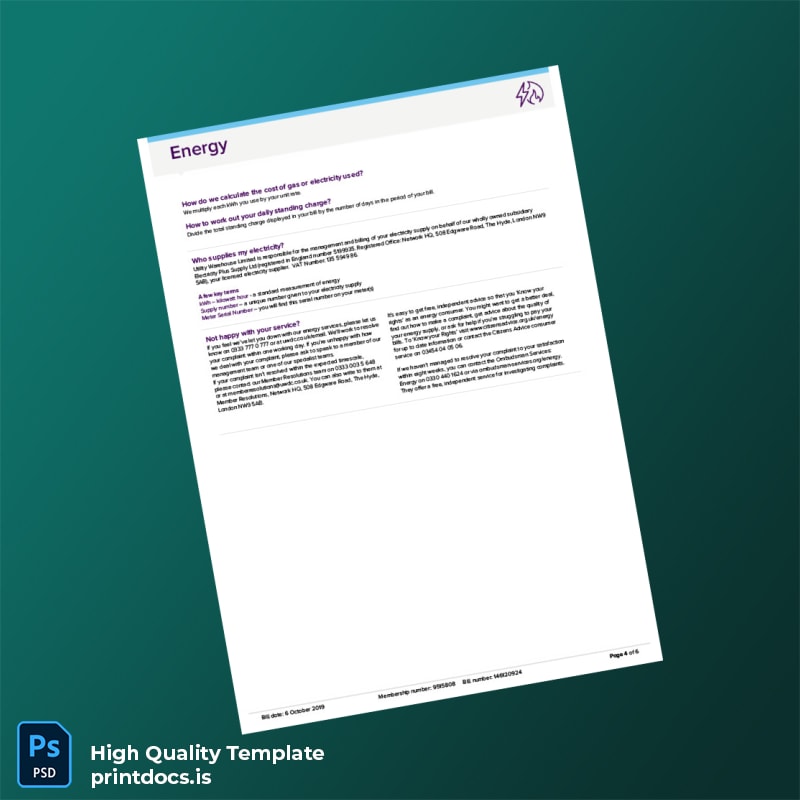 United Kingdom Utility Warehouse Editable Utility Bill Template in Word and PDF formats page 4