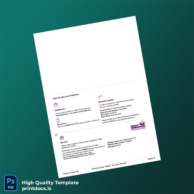 United Kingdom Utility Warehouse Editable Utility Bill Template in Word and PDF formats page 5