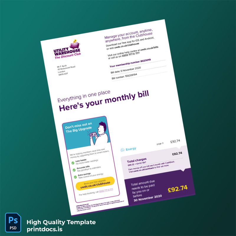United Kingdom Utility Warehouse Editable Utility Bill Template in Word and PDF formats