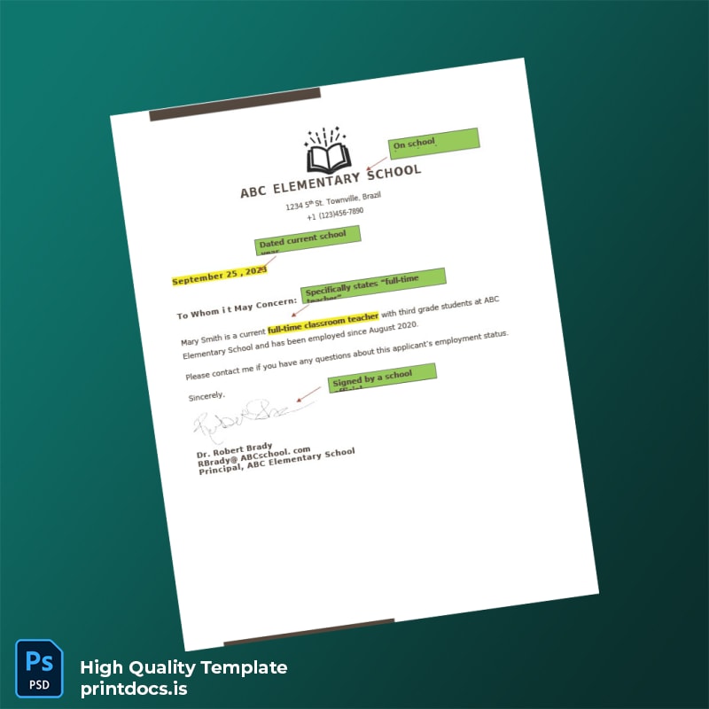 Printable United States ABC Elementary School Employment Verification Letter Template (Word & PDF) Image Preview - PrintDocs