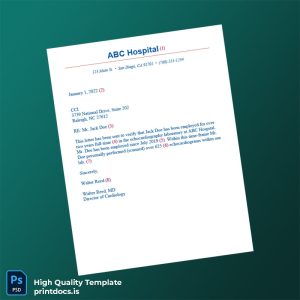 Printable United States ABC Hospital Employment Verification Letter Template (Word & PDF) Image Preview - PrintDocs