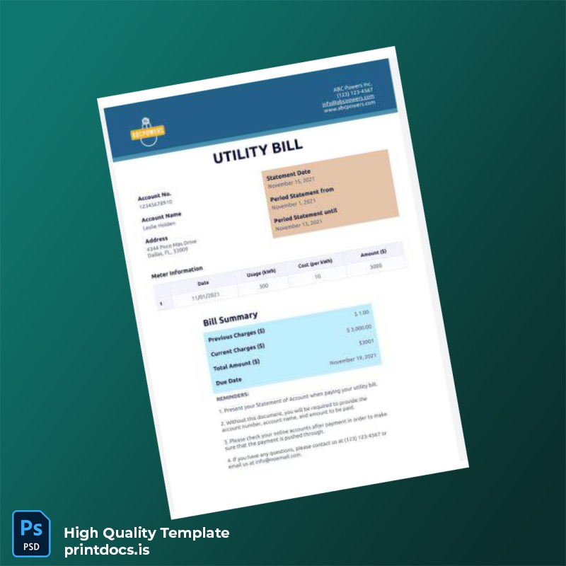 United States ABC Power Company Editable Utility Bill Template in Word and PDF formats