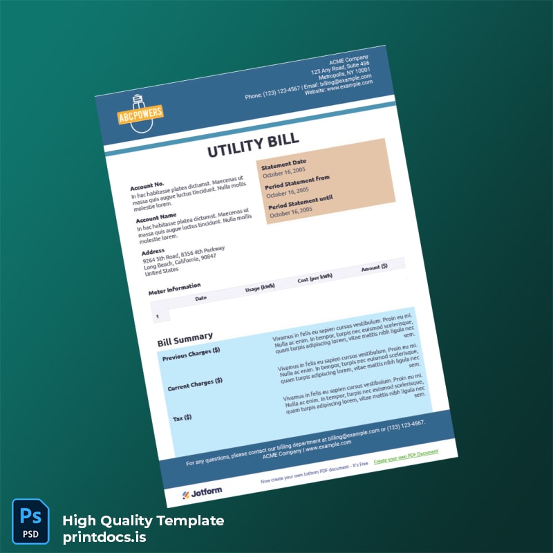 United States ACME Company Editable Utility Bill Template in Word and PDF formats