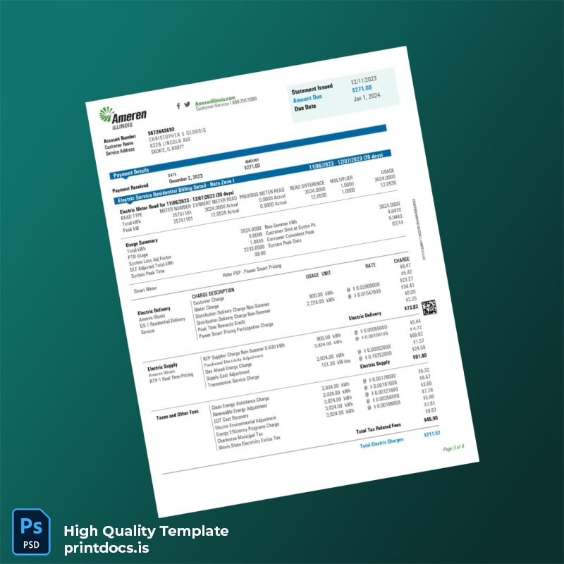 United States Ameren Illinois Editable Utility Bill Template in Word and PDF formats page 3