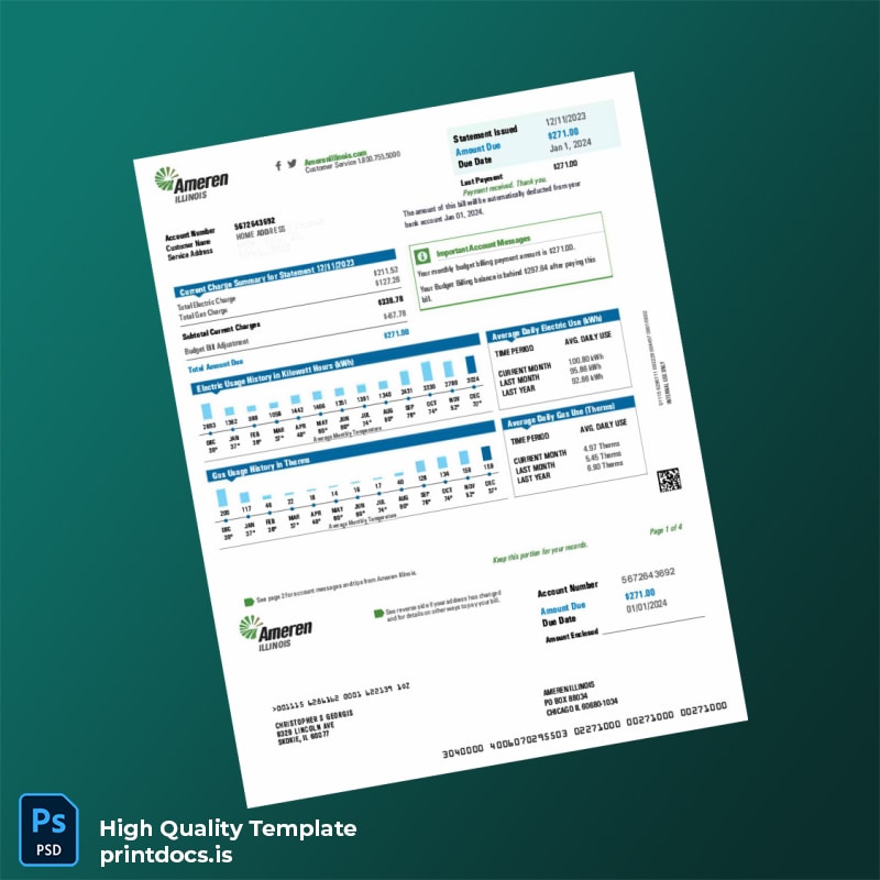United States Ameren Illinois Editable Utility Bill Template in Word and PDF formats