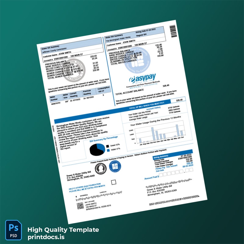 United States Birmingham Water Works Editable Water Bill Template in Word and PDF formats