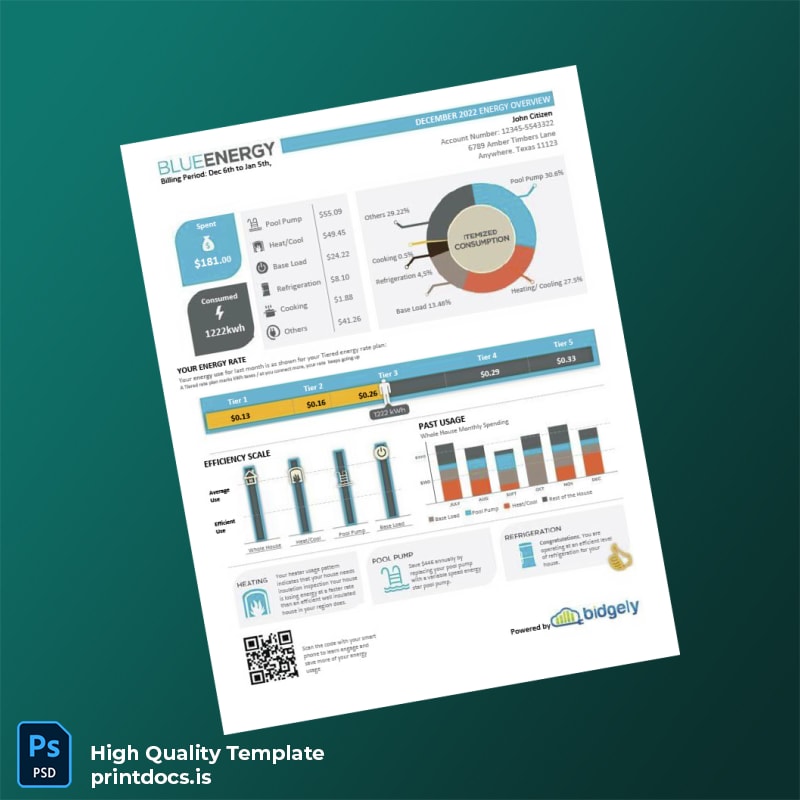 United States Blue Energy Editable Utility Bill Template in Word and PDF formats